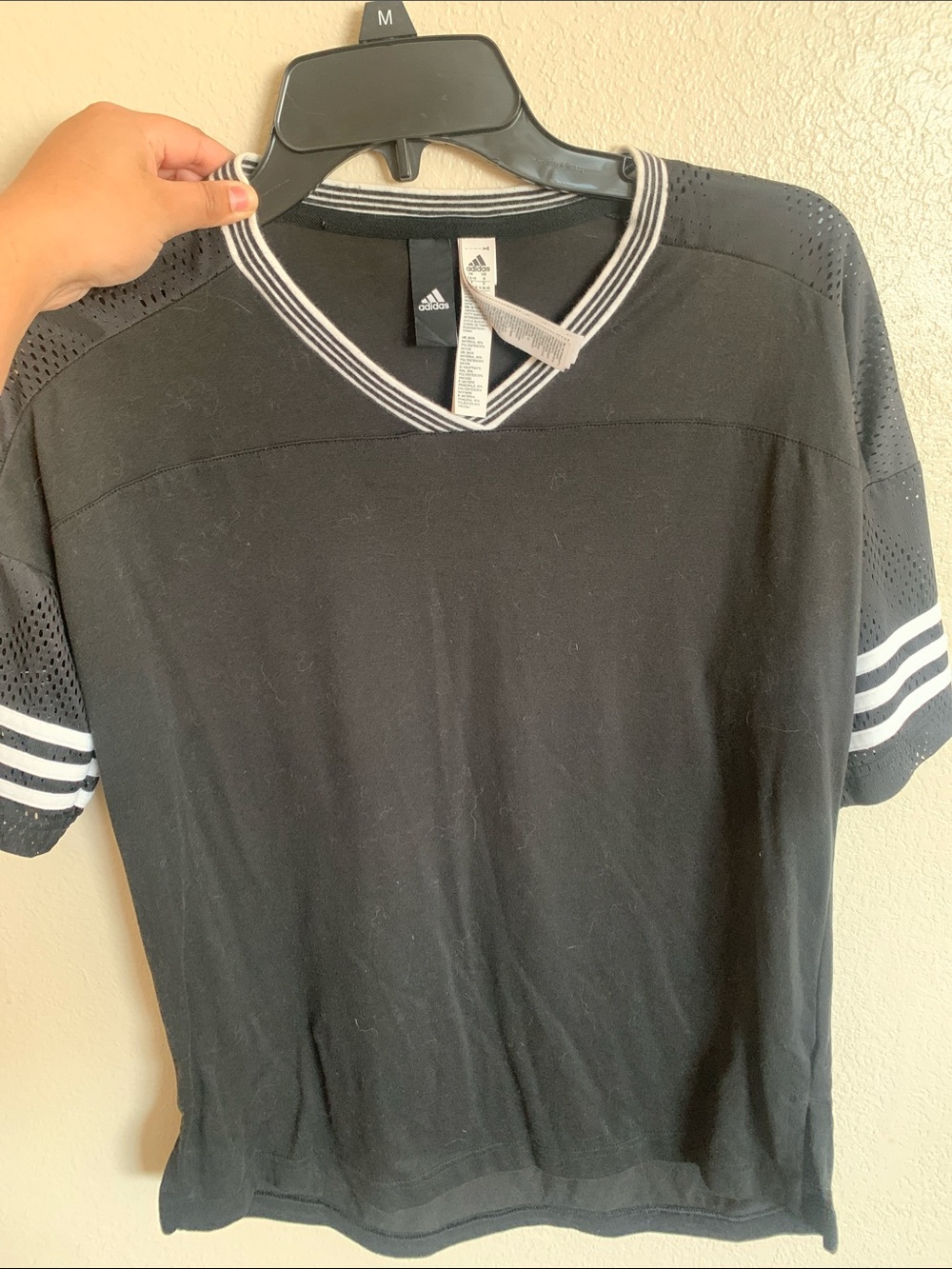 adidas Black V-Neck Short Sleeve Tee with White Stripe Details